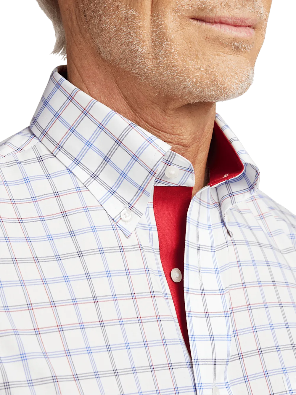 Non-Iron Cotton Check Dress Shirt With Contrast Trim - Blue/red