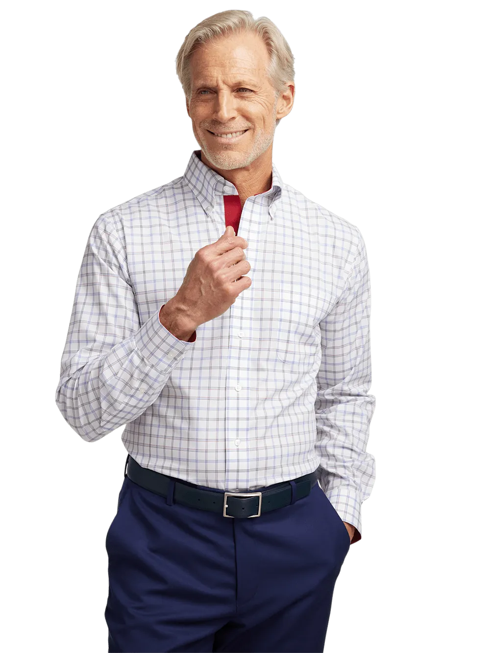 Non-Iron Cotton Check Dress Shirt With Contrast Trim - Blue/red