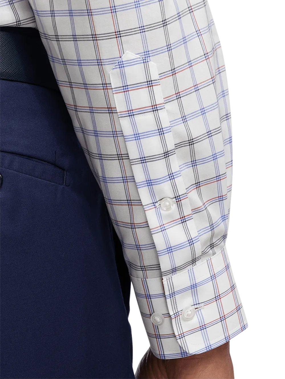 Non-Iron Cotton Check Dress Shirt With Contrast Trim - Blue/red