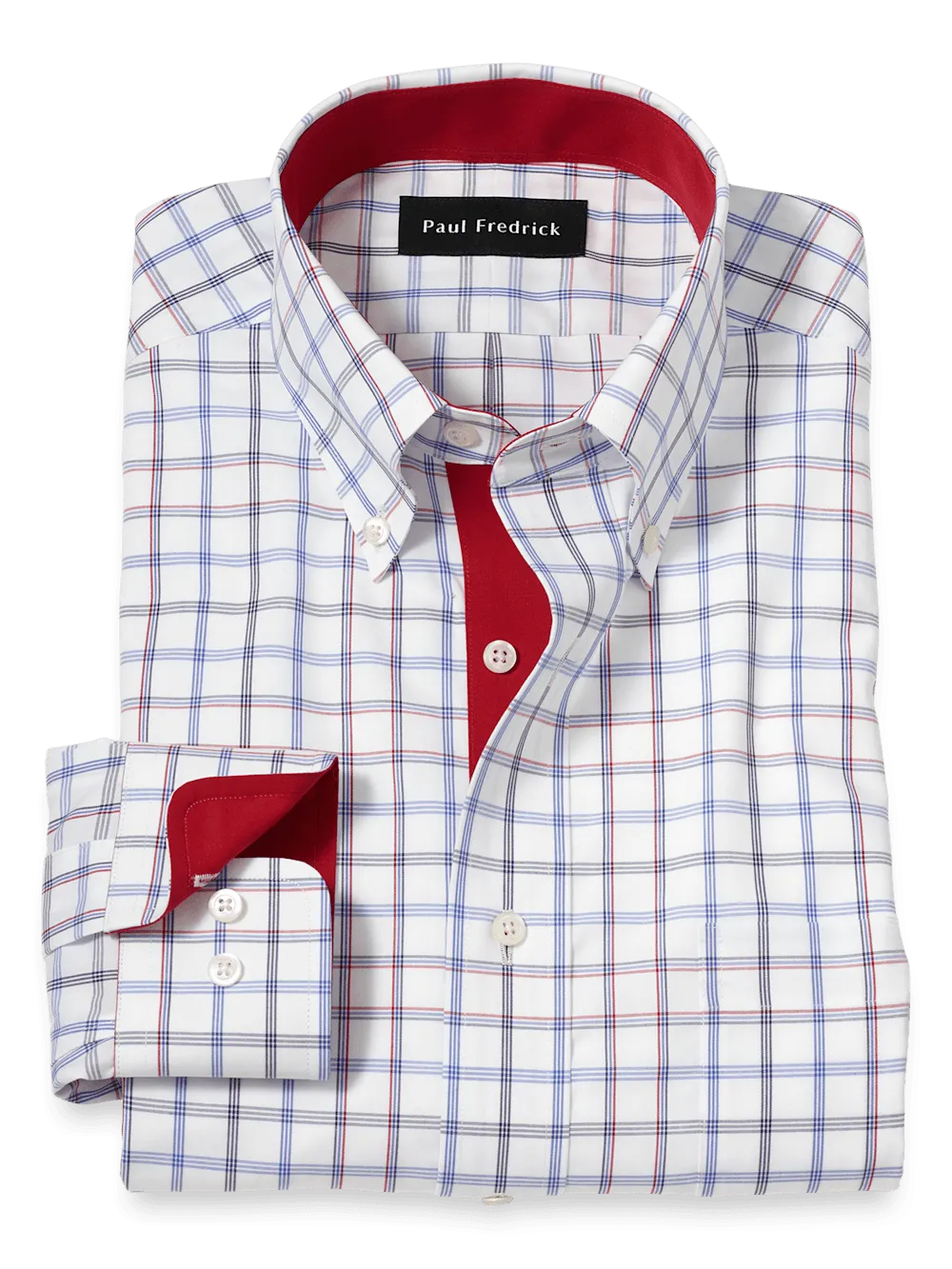 Non-Iron Cotton Check Dress Shirt With Contrast Trim - Blue/red