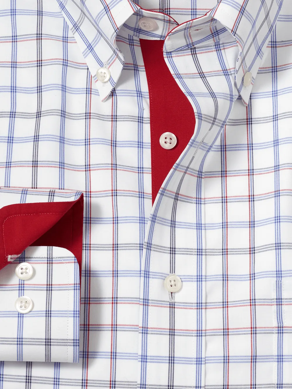 Non-Iron Cotton Check Dress Shirt With Contrast Trim - Blue/red