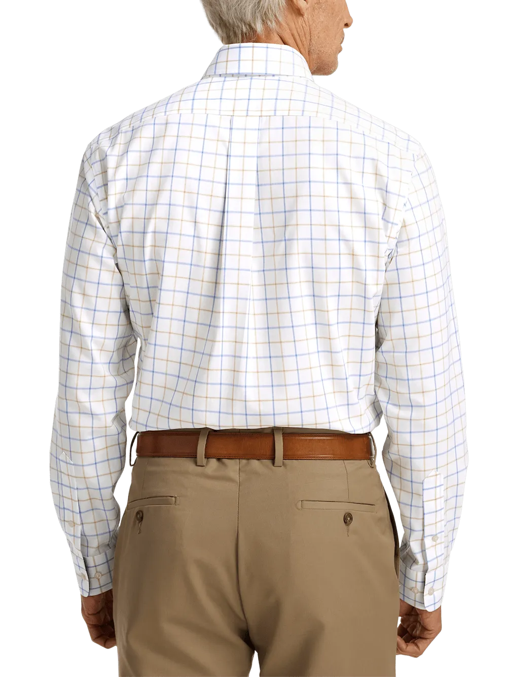 Non-Iron Cotton Check Dress Shirt With Contrast Trim - Blue/tan