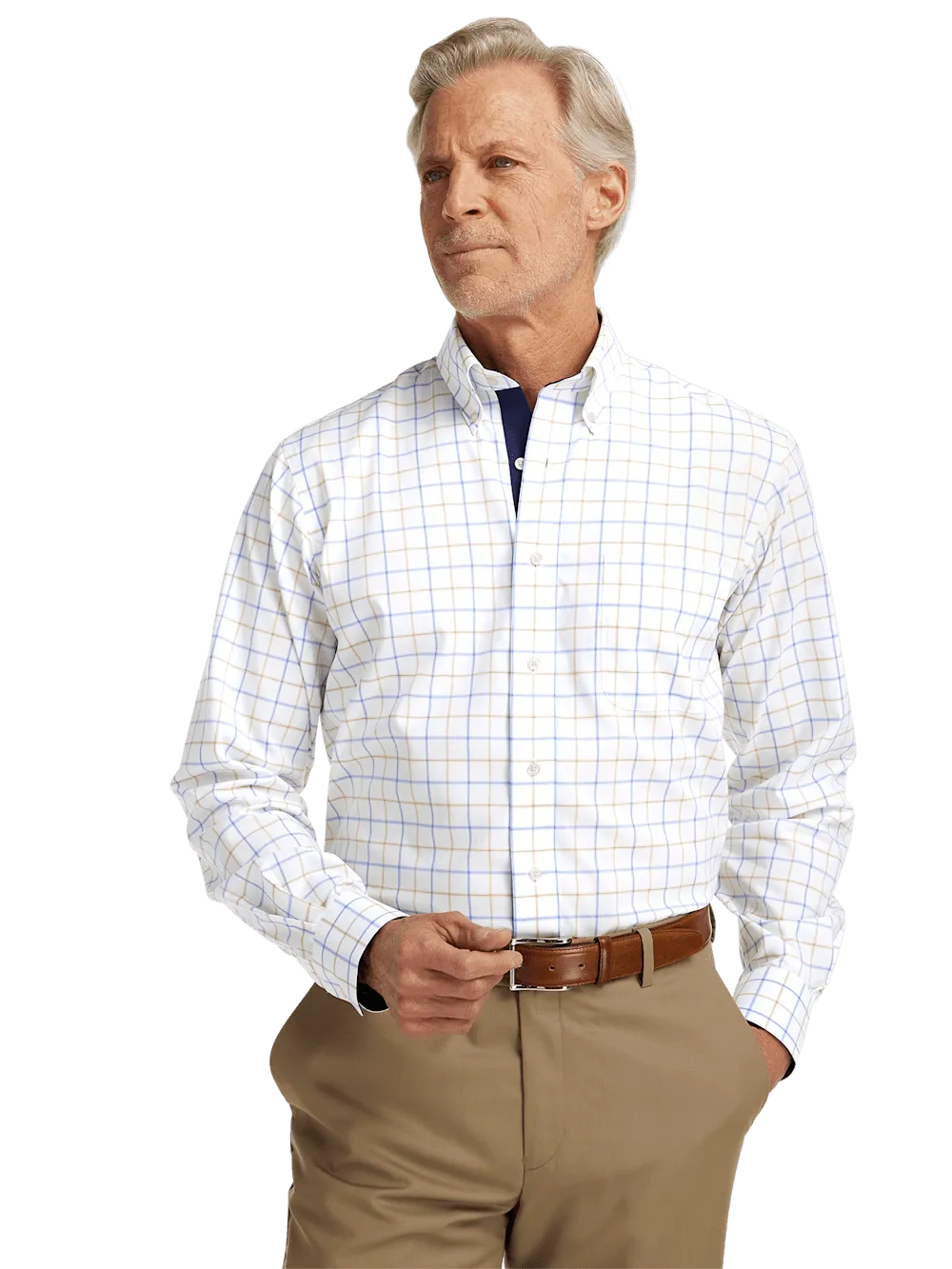 Non-Iron Cotton Check Dress Shirt With Contrast Trim - Blue/tan