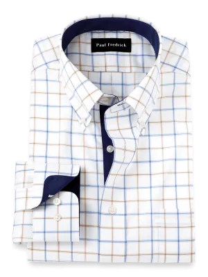 Non-Iron Cotton Check Dress Shirt With Contrast Trim - Blue/tan