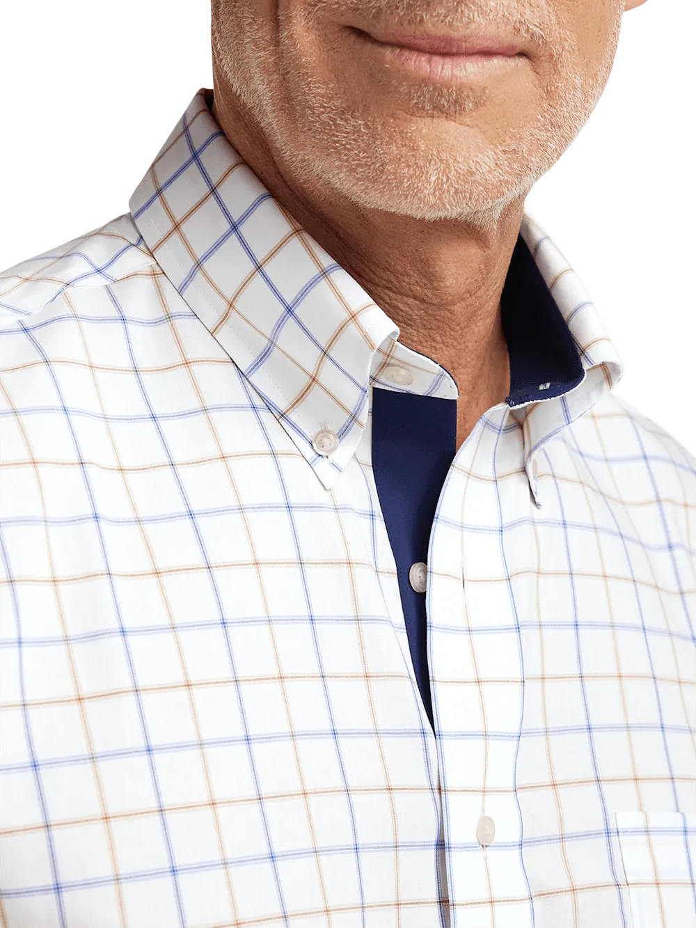 Non-Iron Cotton Check Dress Shirt With Contrast Trim - Blue/tan