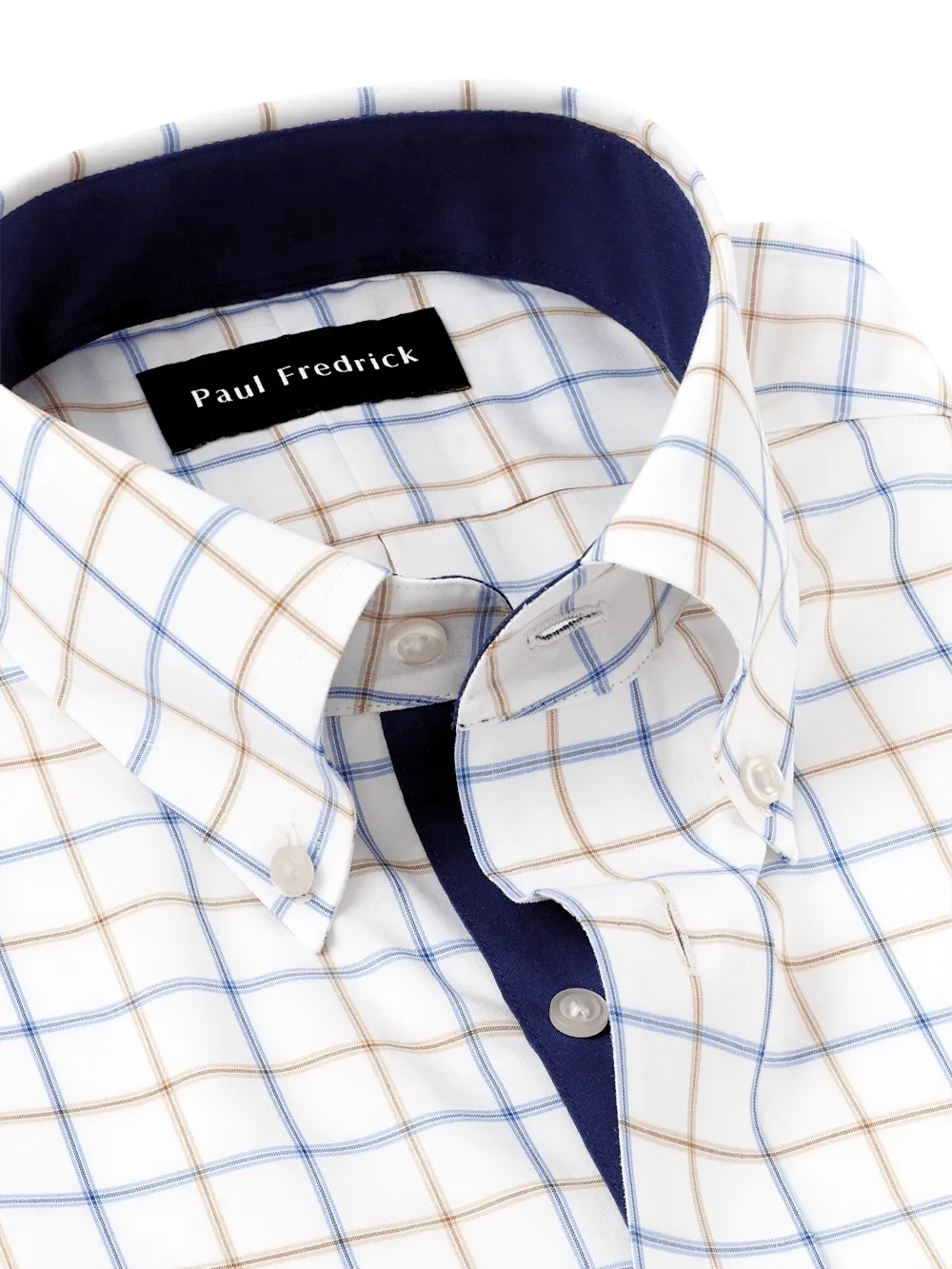 Non-Iron Cotton Check Dress Shirt With Contrast Trim - Blue/tan