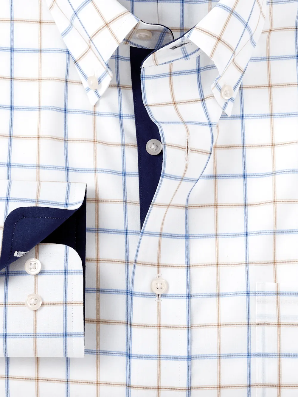 Non-Iron Cotton Check Dress Shirt With Contrast Trim - Blue/tan