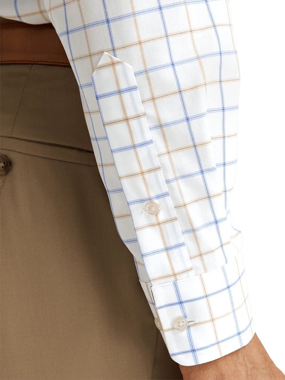 Non-Iron Cotton Check Dress Shirt With Contrast Trim - Blue/tan