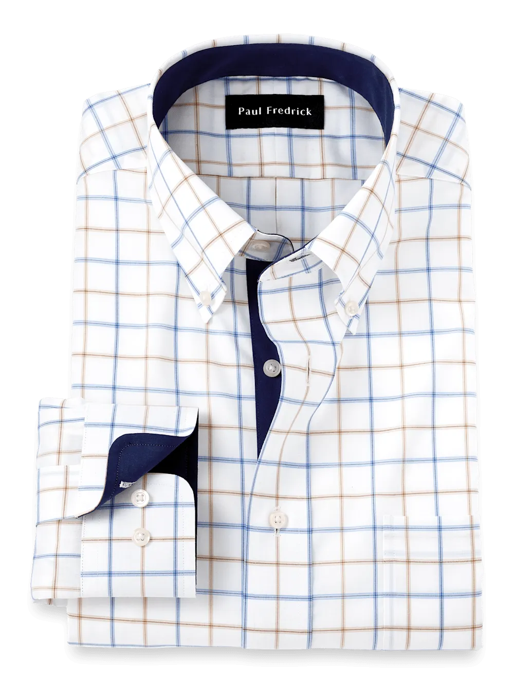 Non-Iron Cotton Check Dress Shirt With Contrast Trim - Blue/tan