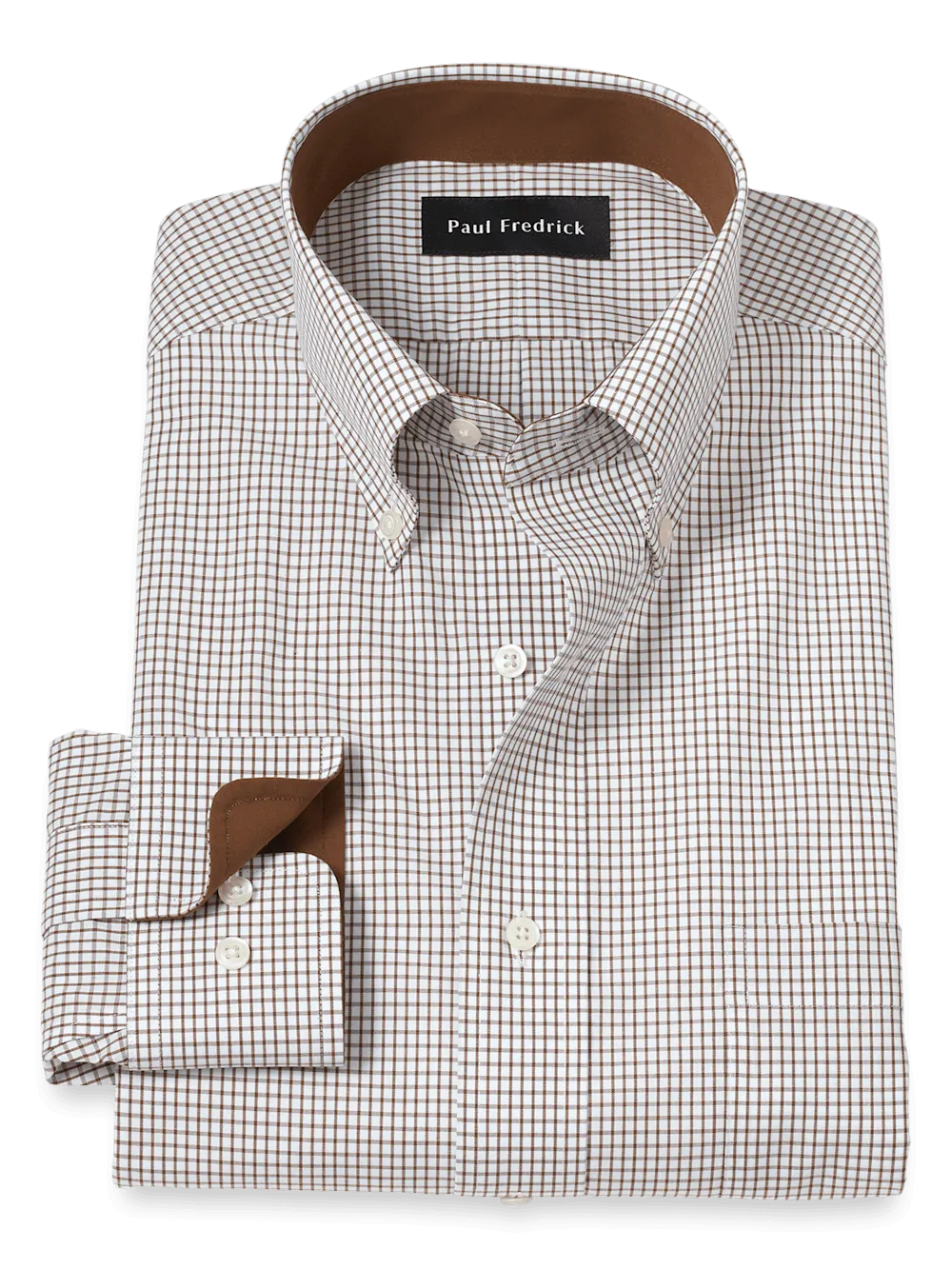 Non-Iron Cotton Check Dress Shirt With Contrast Trim - Brown/white