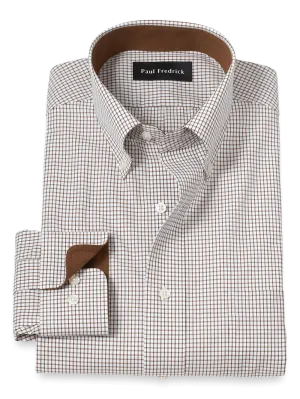 Non-Iron Cotton Check Dress Shirt With Contrast Trim - Brown/white