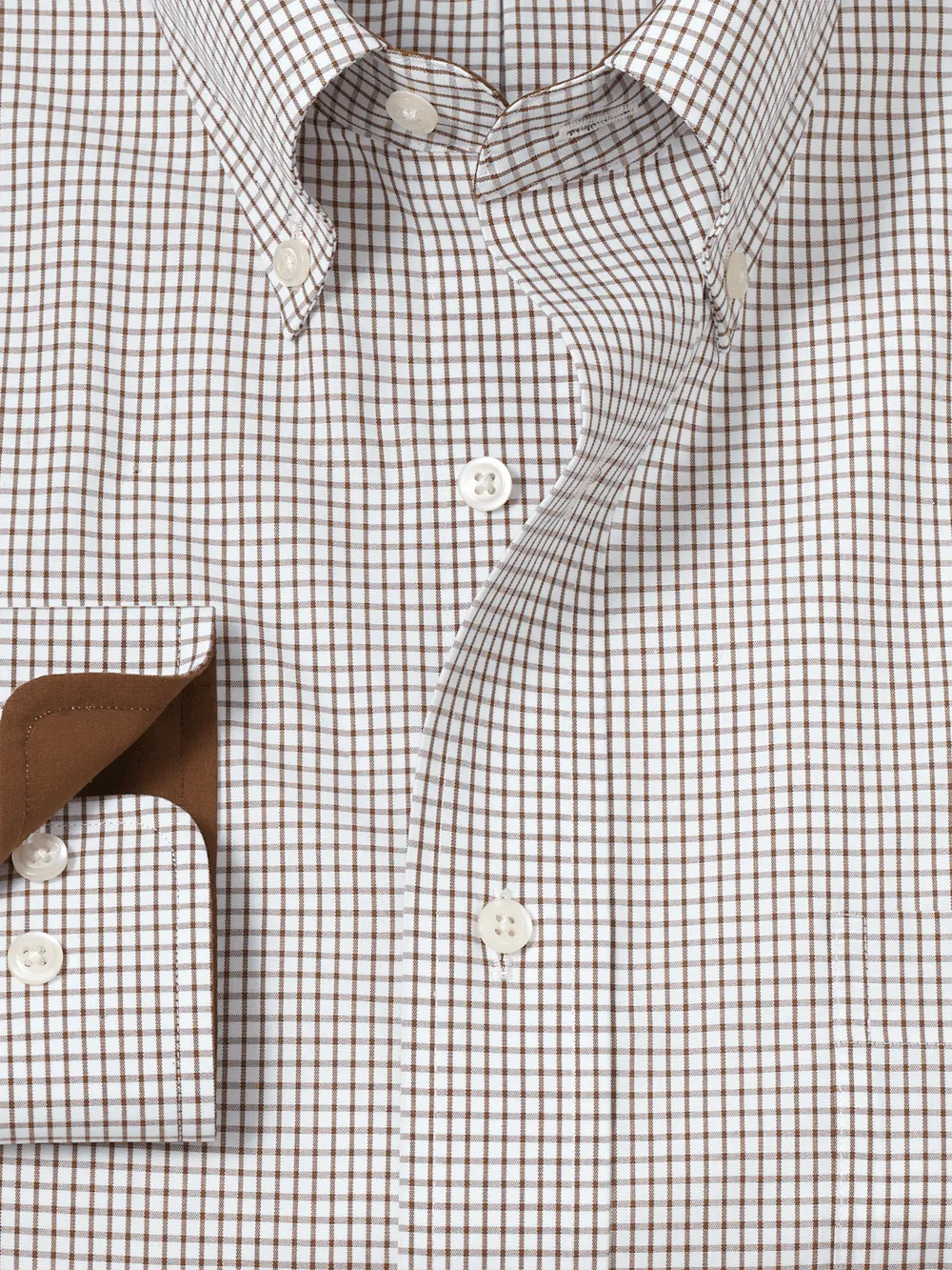 Non-Iron Cotton Check Dress Shirt With Contrast Trim - Brown/white