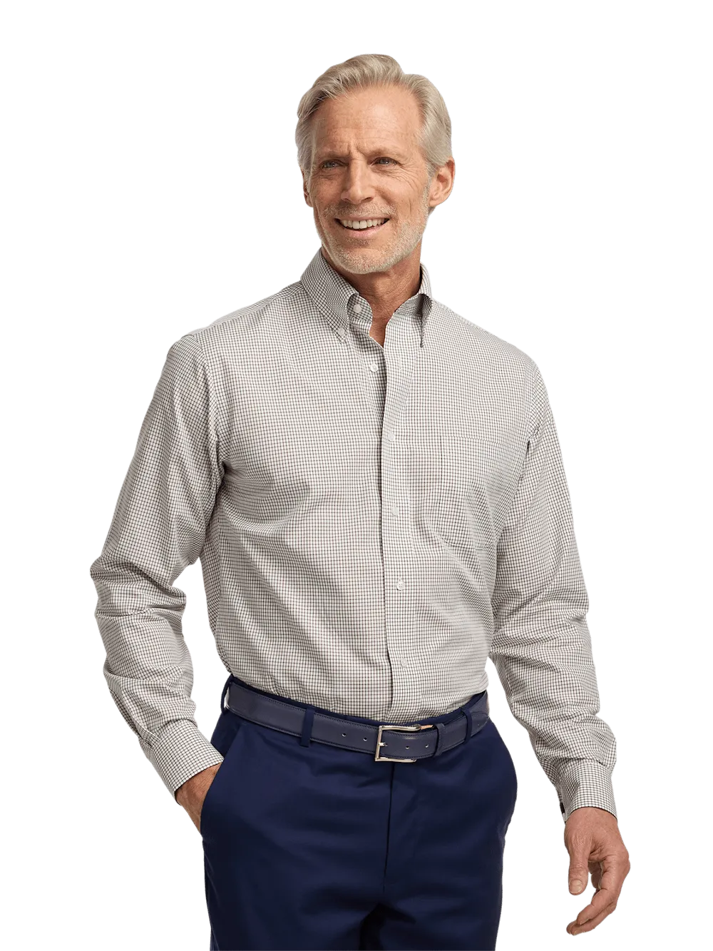 Non-Iron Cotton Check Dress Shirt With Contrast Trim - Brown/white
