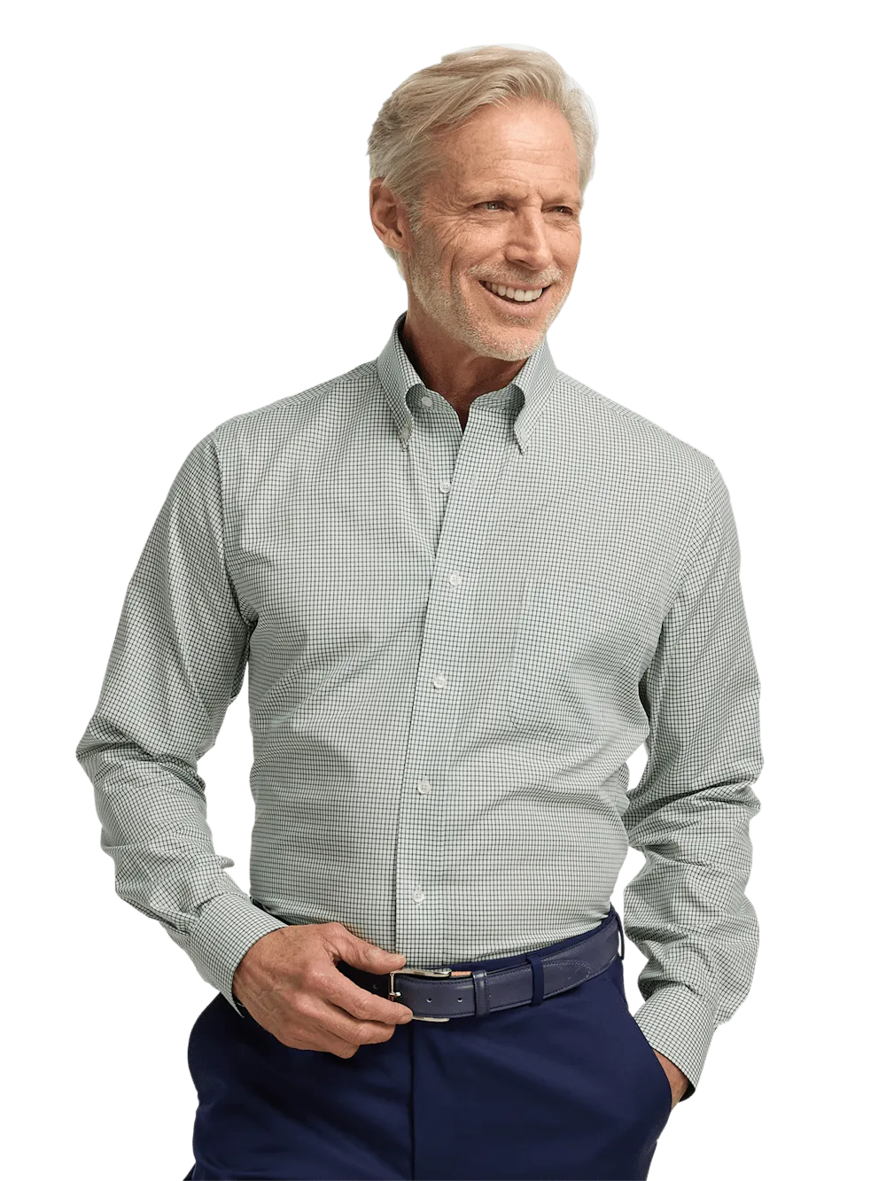 Non-Iron Cotton Check Dress Shirt With Contrast Trim - Green/white