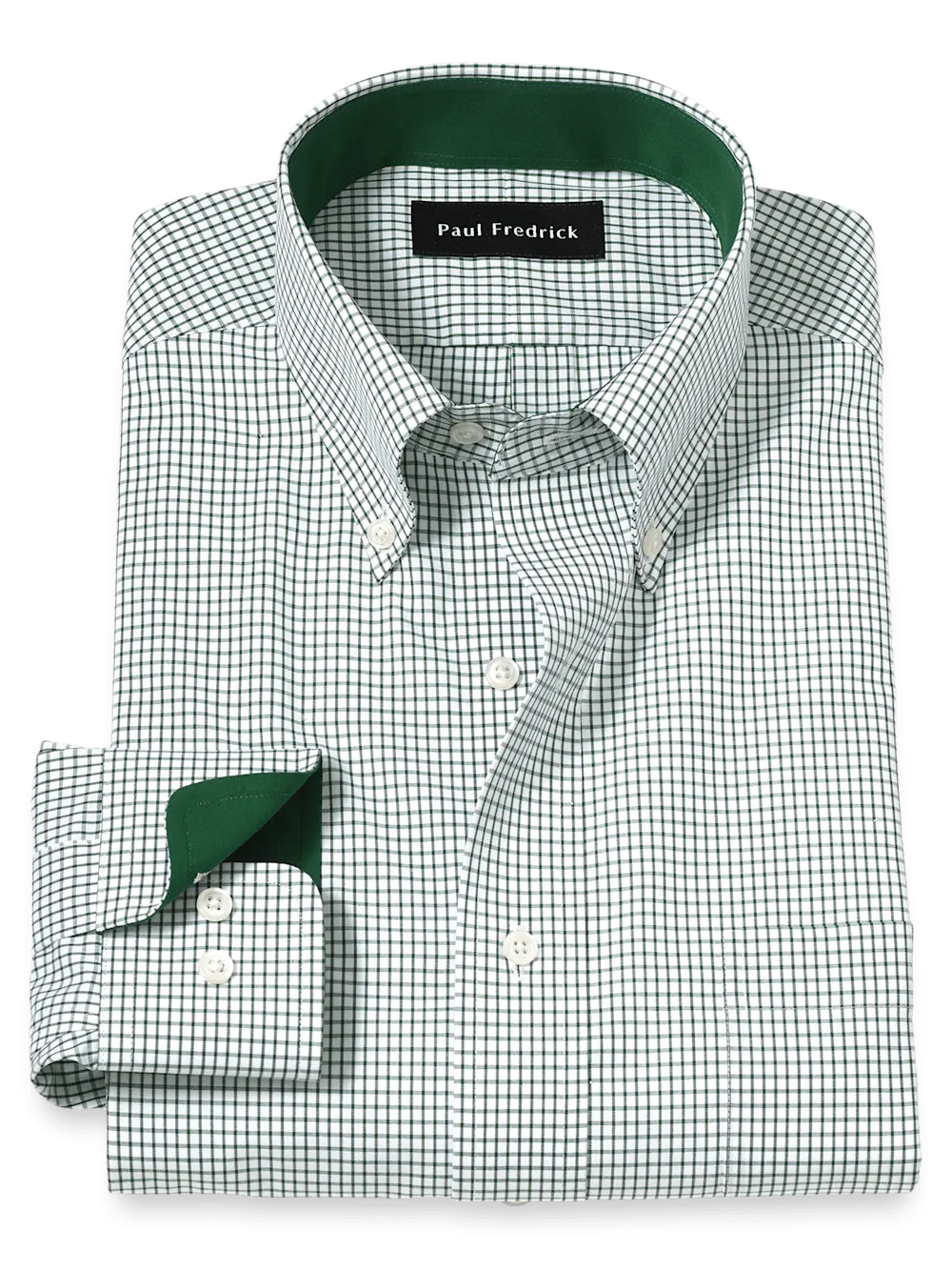 Non-Iron Cotton Check Dress Shirt With Contrast Trim - Green/white