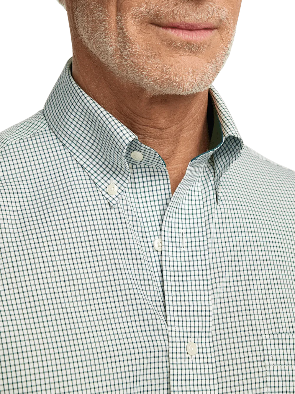 Non-Iron Cotton Check Dress Shirt With Contrast Trim - Green/white
