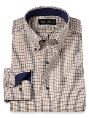 Non-Iron Cotton Check Dress Shirt With Contrast Trim - Navy/gold