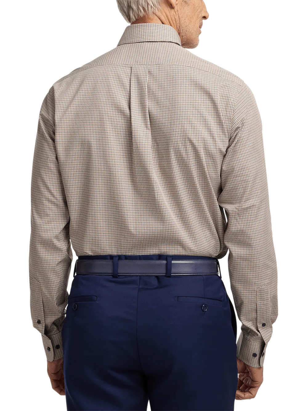 Non-Iron Cotton Check Dress Shirt With Contrast Trim - Navy/gold