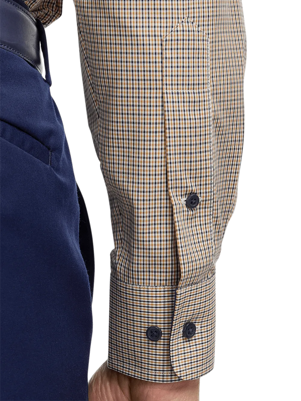 Non-Iron Cotton Check Dress Shirt With Contrast Trim - Navy/gold