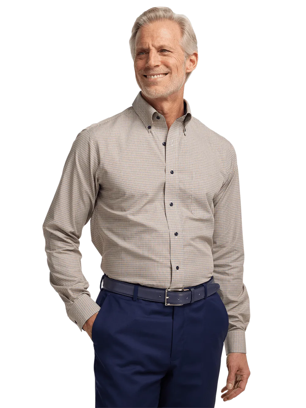 Non-Iron Cotton Check Dress Shirt With Contrast Trim - Navy/gold