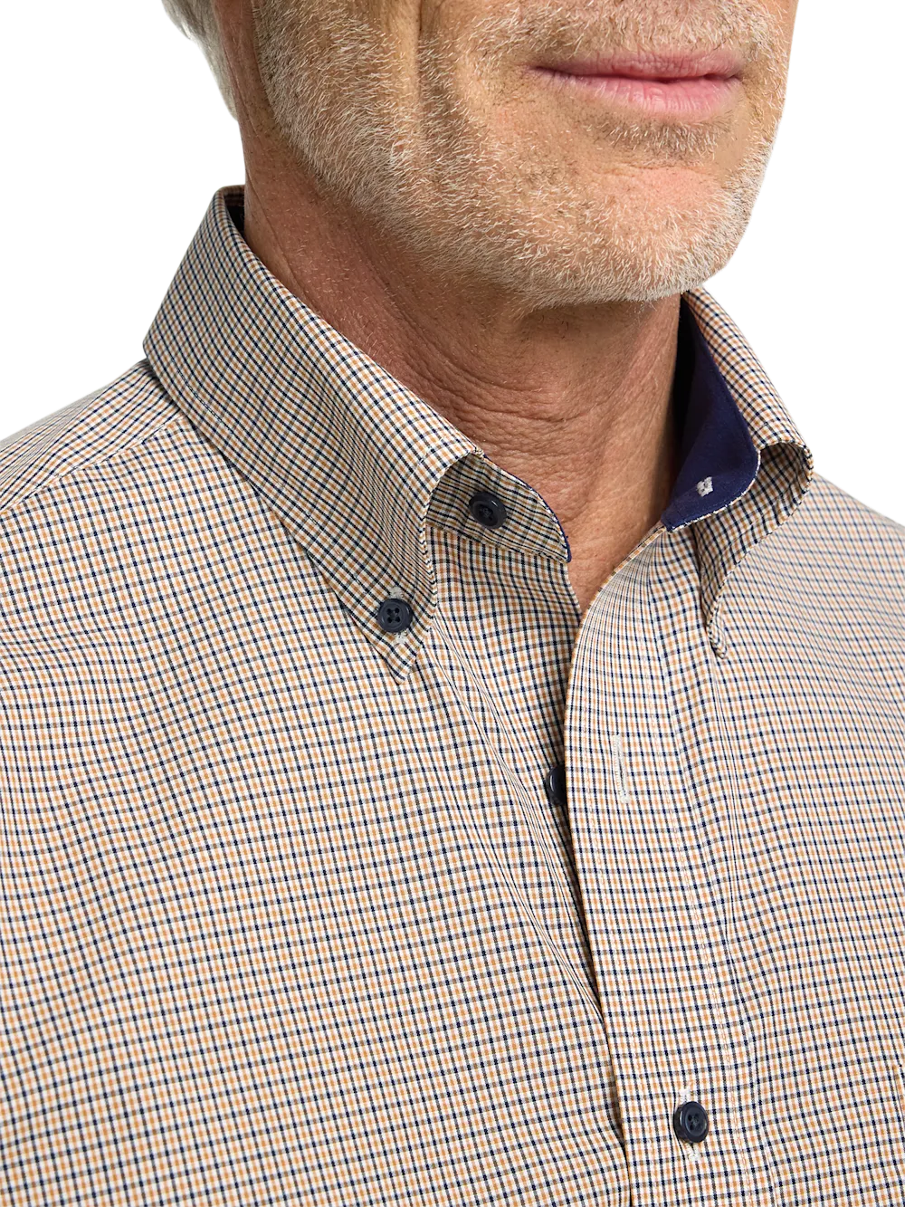Non-Iron Cotton Check Dress Shirt With Contrast Trim - Navy/gold