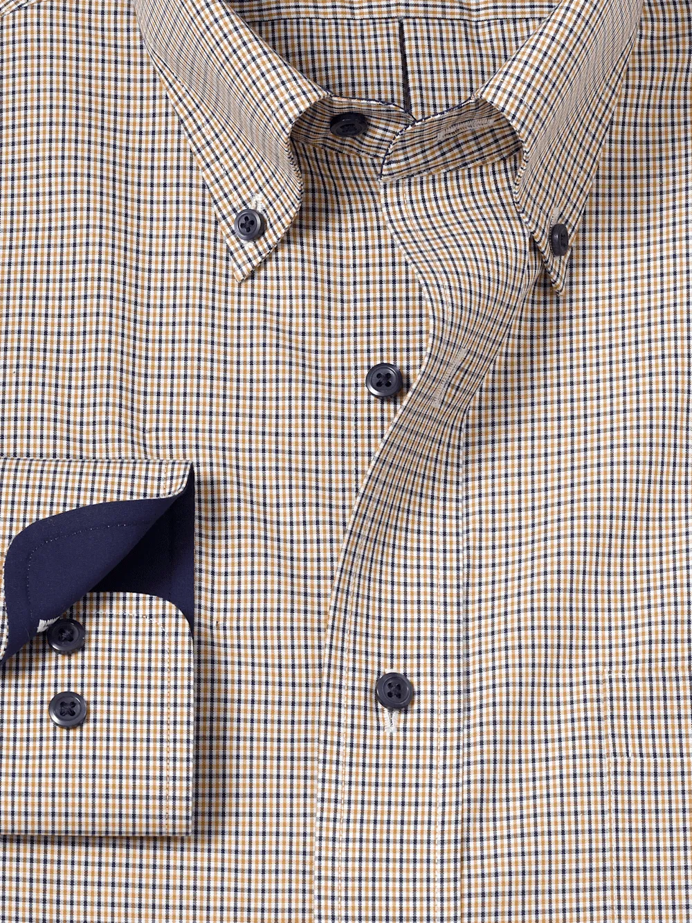 Non-Iron Cotton Check Dress Shirt With Contrast Trim - Navy/gold