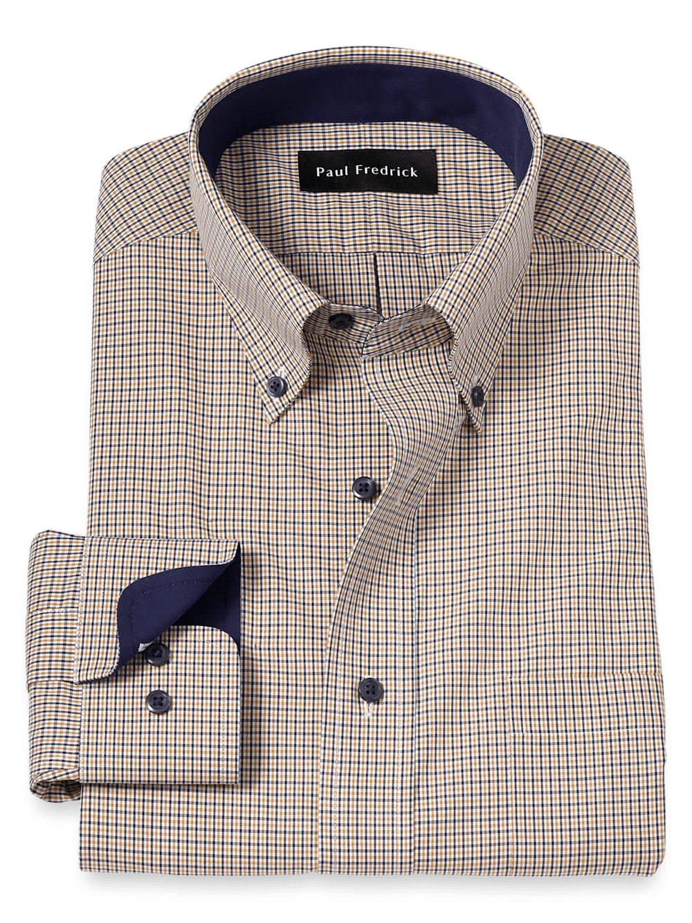 Non-Iron Cotton Check Dress Shirt With Contrast Trim - Navy/gold