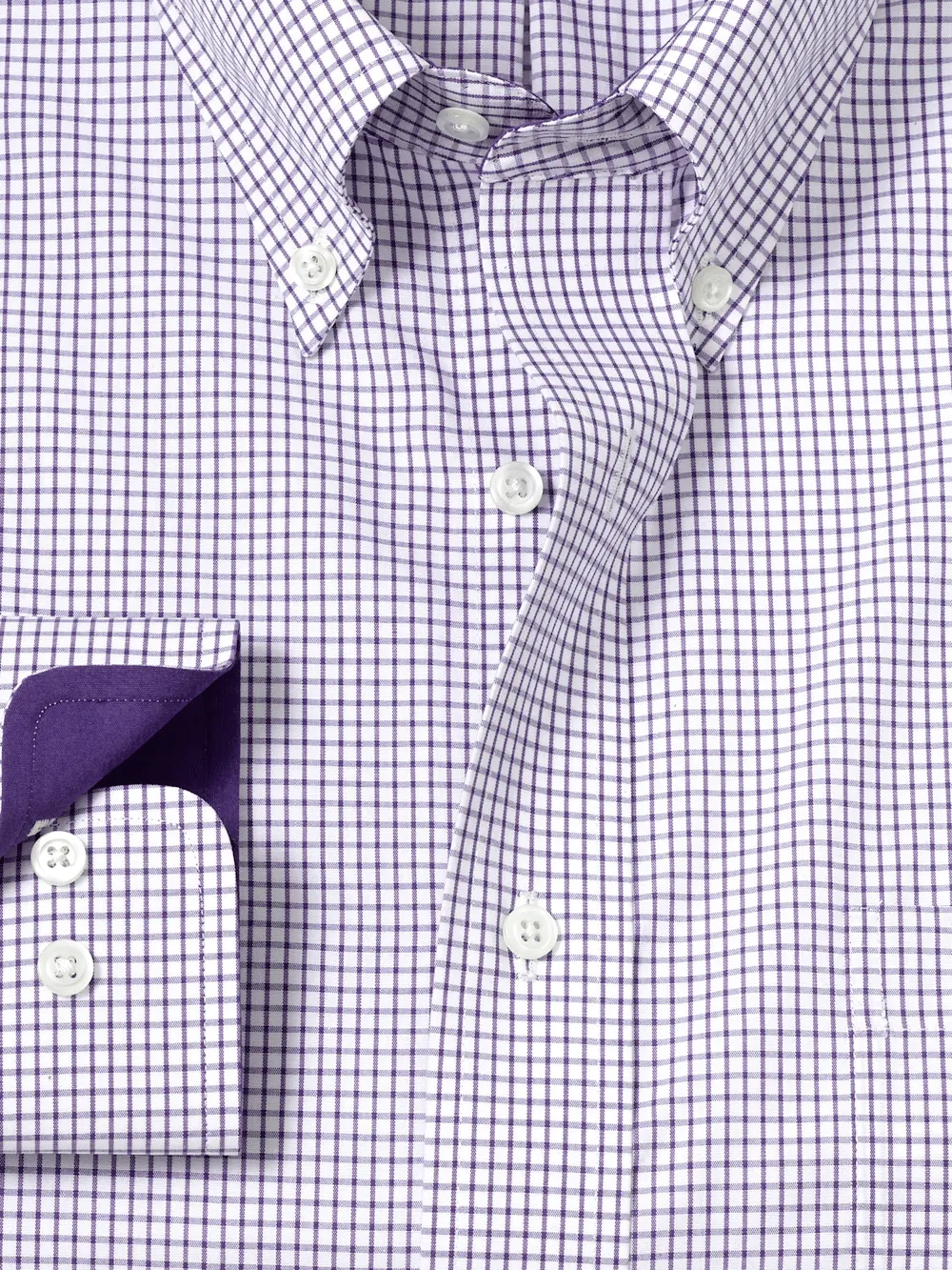 Non-Iron Cotton Check Dress Shirt With Contrast Trim - Purple/white