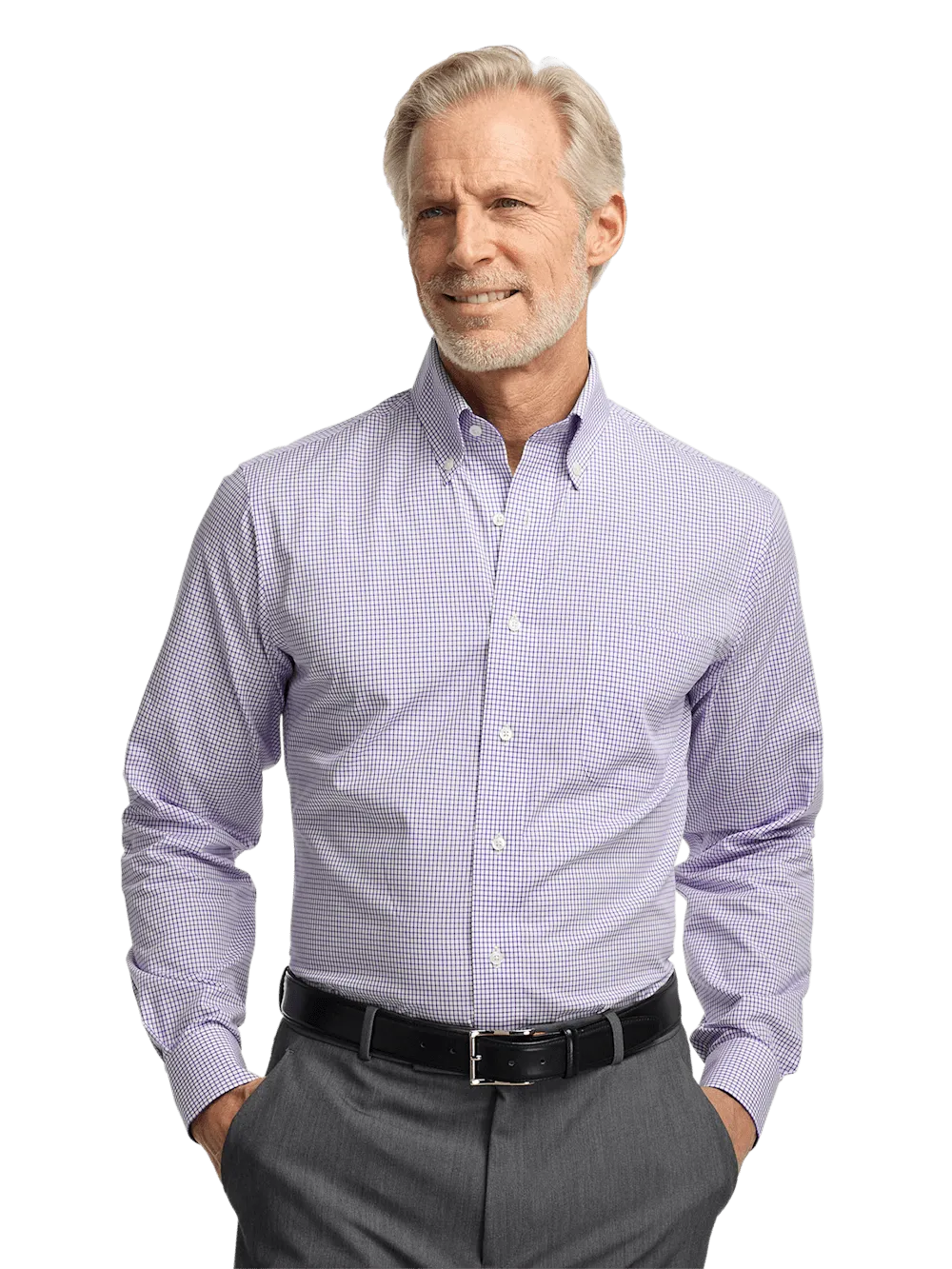 Non-Iron Cotton Check Dress Shirt With Contrast Trim - Purple/white