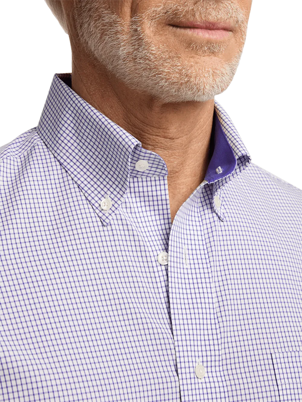 Non-Iron Cotton Check Dress Shirt With Contrast Trim - Purple/white