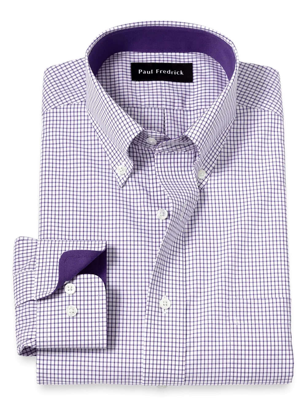 Non-Iron Cotton Check Dress Shirt With Contrast Trim - Purple/white
