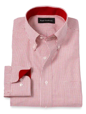 Non-Iron Cotton Check Dress Shirt With Contrast Trim - Red/white
