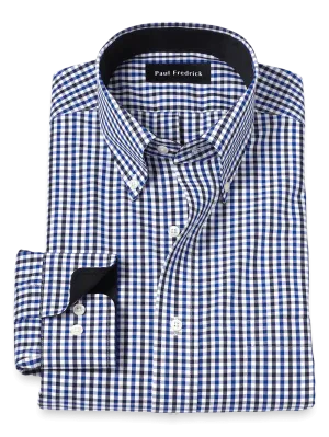 Non-Iron Cotton Gingham Dress Shirt With Contrast Trim - Blue/black