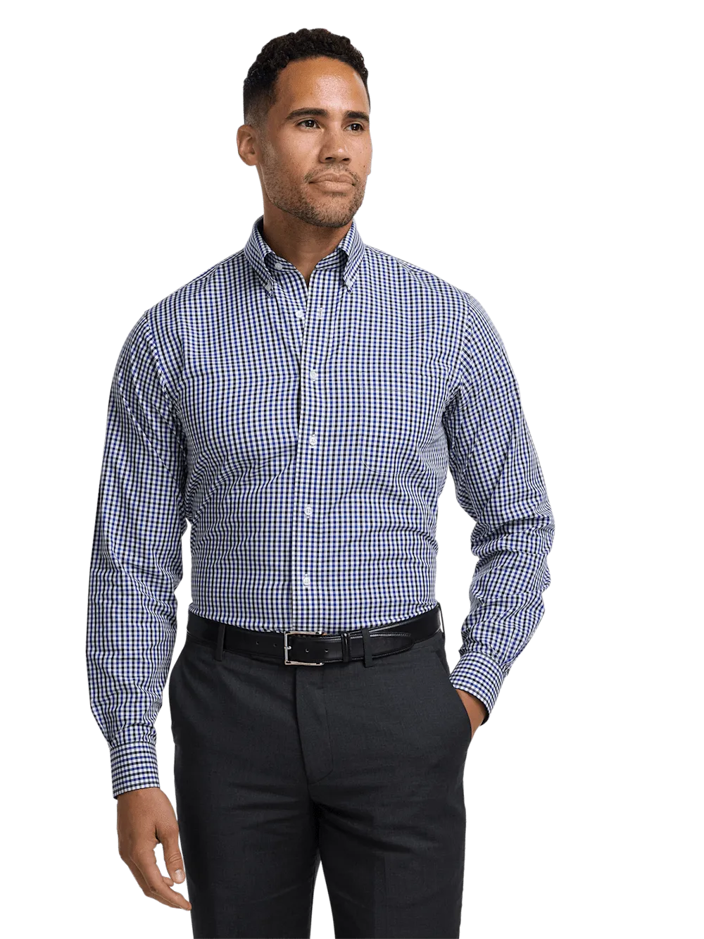 Non-Iron Cotton Gingham Dress Shirt With Contrast Trim - Blue/black
