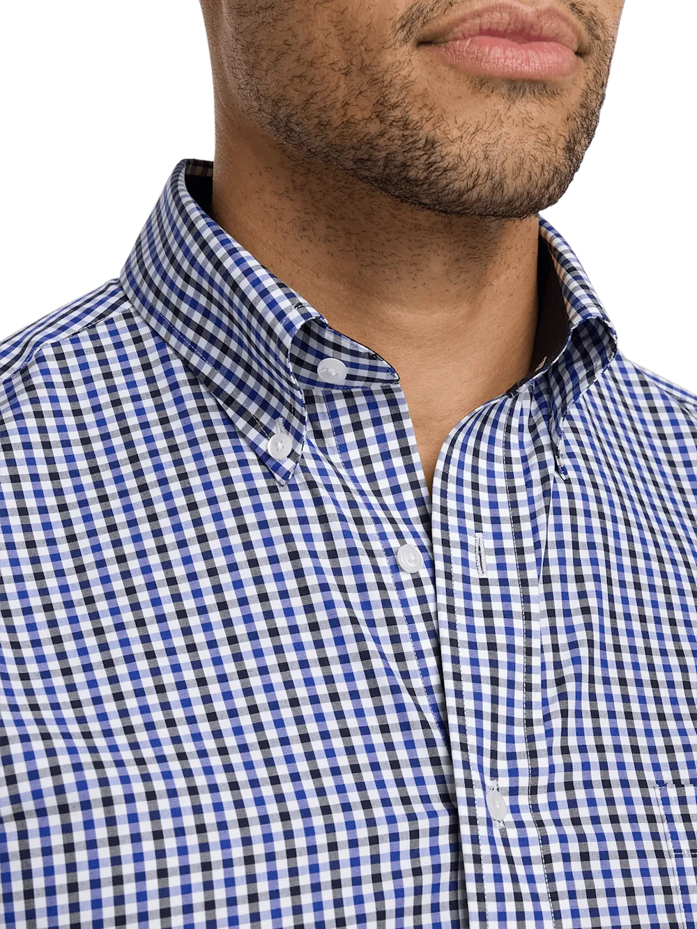 Non-Iron Cotton Gingham Dress Shirt With Contrast Trim - Blue/black