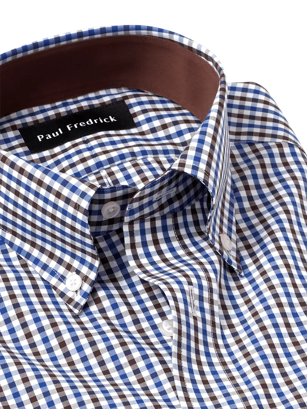 Non-Iron Cotton Gingham Dress Shirt With Contrast Trim - Blue/brown