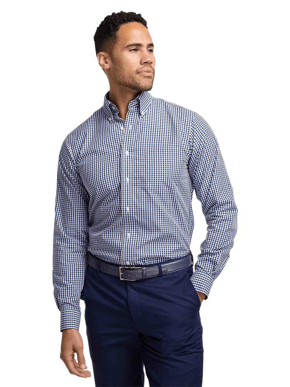 Non-Iron Cotton Gingham Dress Shirt With Contrast Trim - Blue/brown