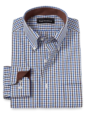 Non-Iron Cotton Gingham Dress Shirt With Contrast Trim - Blue/brown