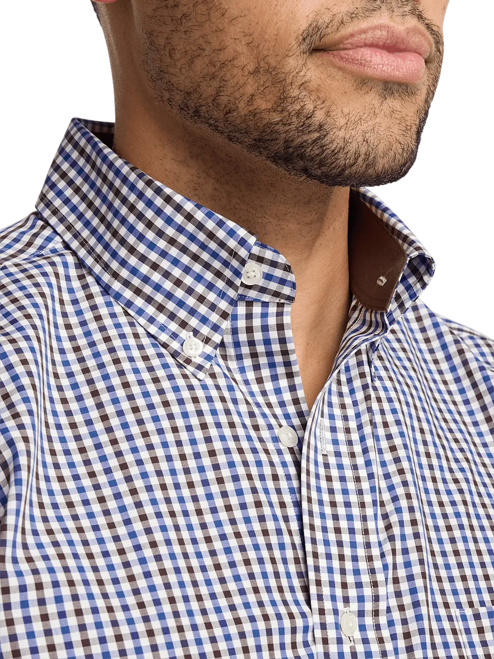 Non-Iron Cotton Gingham Dress Shirt With Contrast Trim - Blue/brown