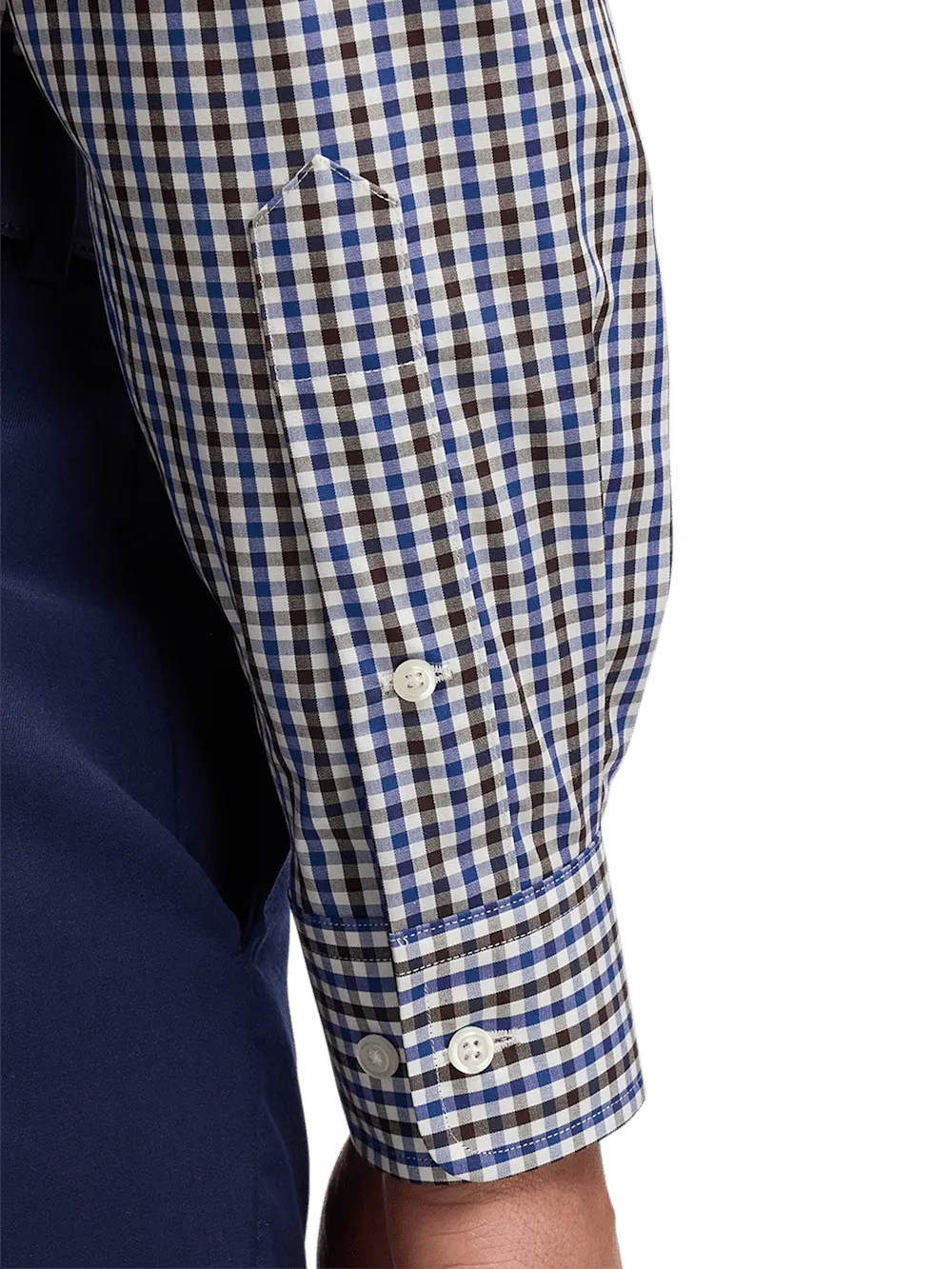 Non-Iron Cotton Gingham Dress Shirt With Contrast Trim - Blue/brown