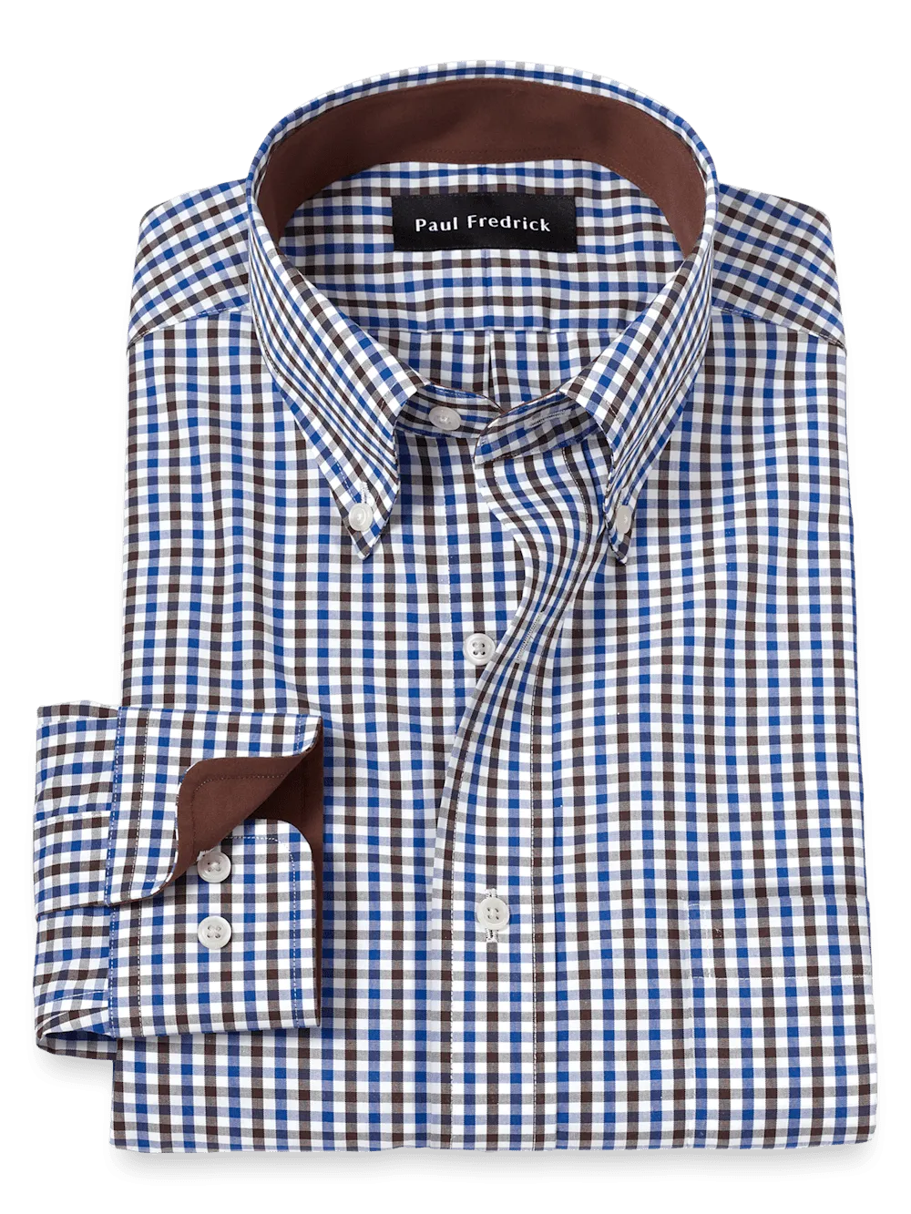 Non-Iron Cotton Gingham Dress Shirt With Contrast Trim - Blue/brown