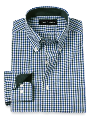 Non-Iron Cotton Gingham Dress Shirt With Contrast Trim - Blue/green