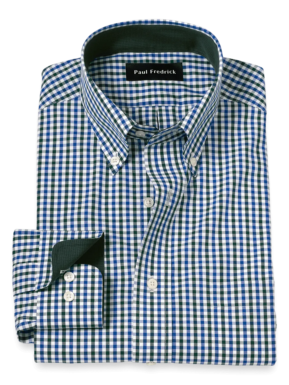 Non-Iron Cotton Gingham Dress Shirt With Contrast Trim - Blue/green