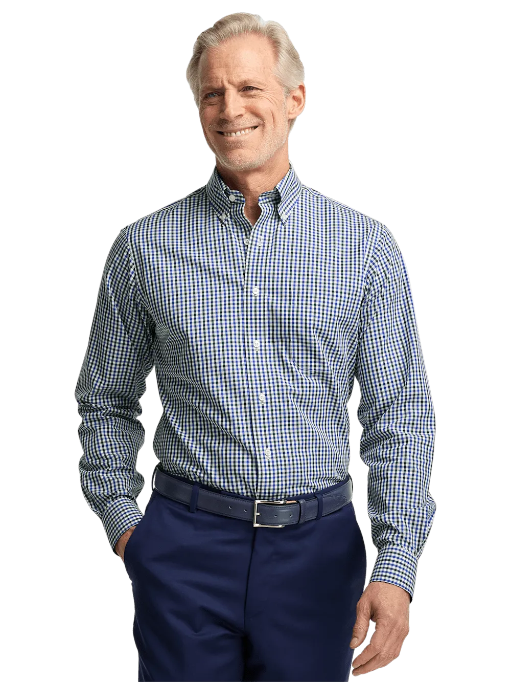 Non-Iron Cotton Gingham Dress Shirt With Contrast Trim - Blue/green