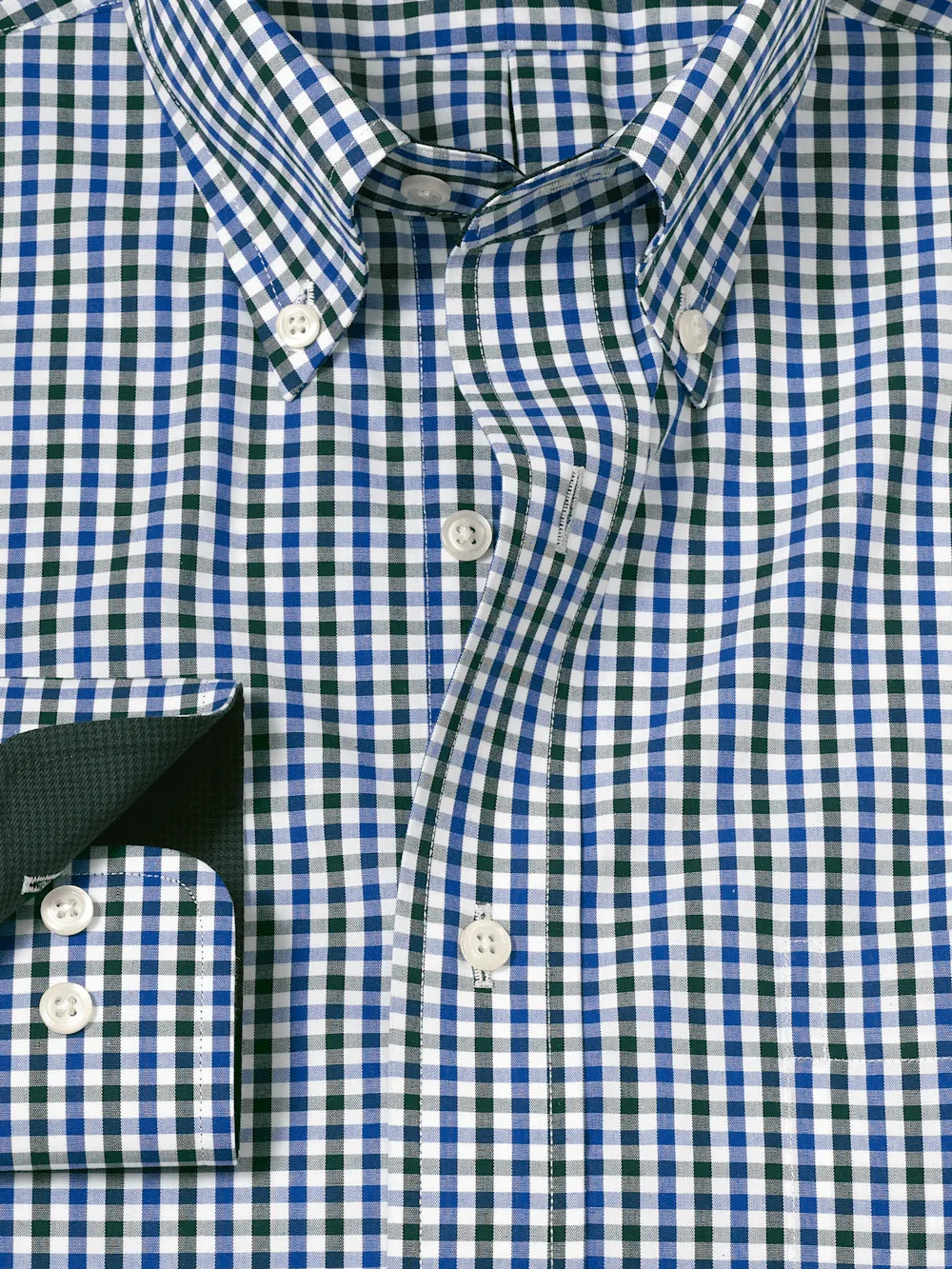 Non-Iron Cotton Gingham Dress Shirt With Contrast Trim - Blue/green