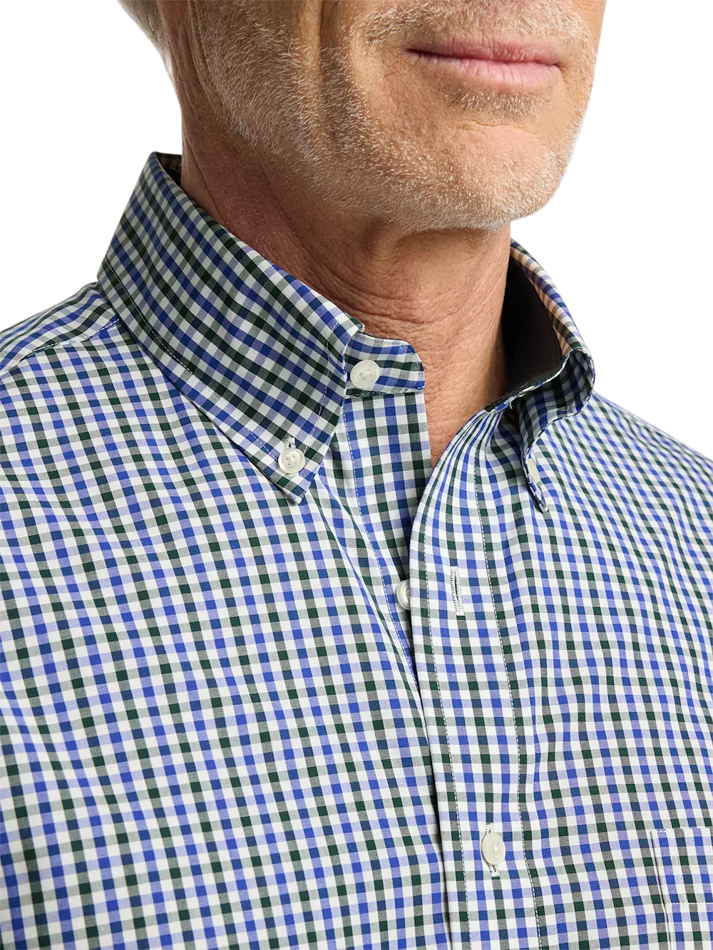 Non-Iron Cotton Gingham Dress Shirt With Contrast Trim - Blue/green
