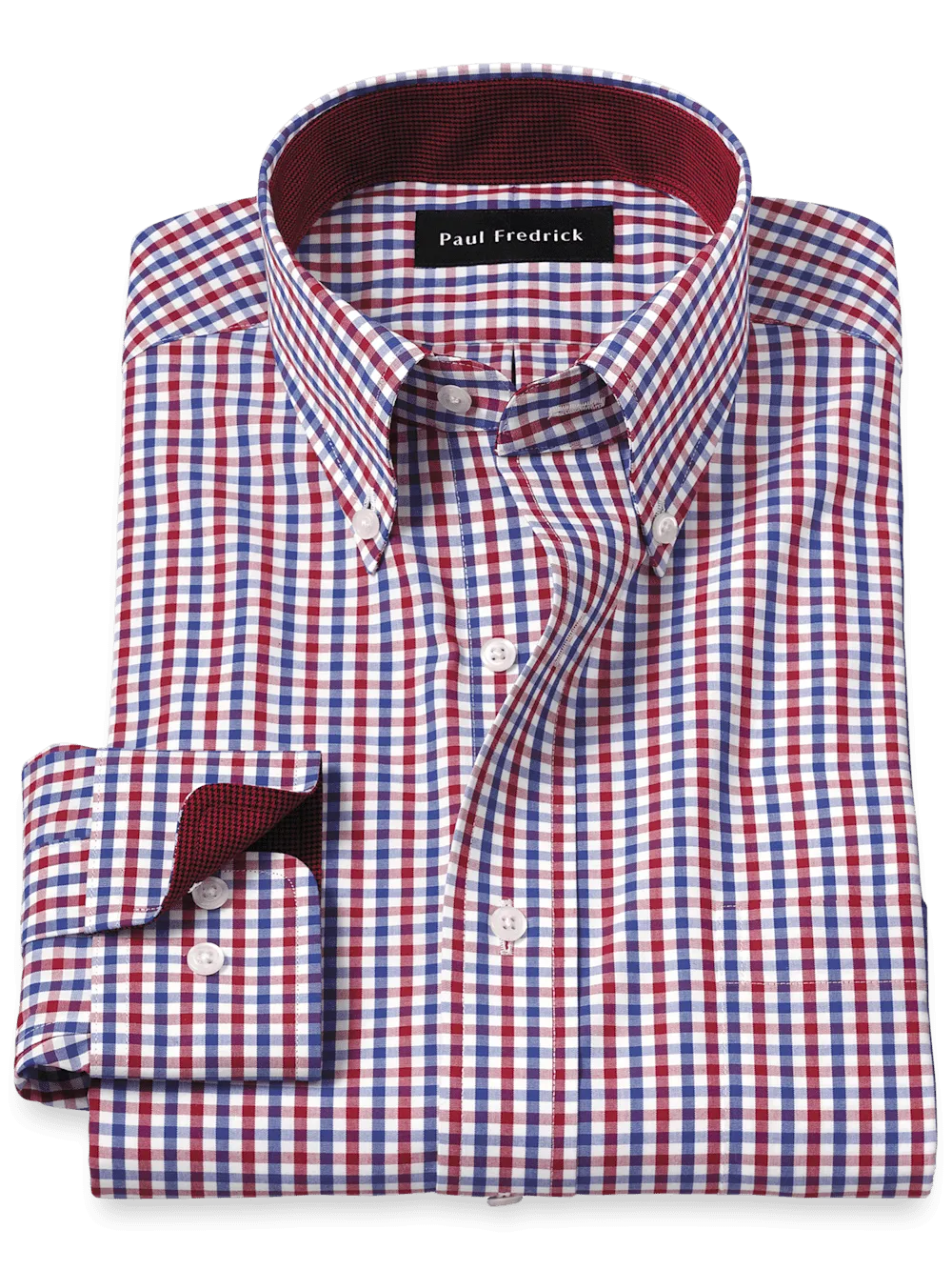 Non-Iron Cotton Gingham Dress Shirt With Contrast Trim - Blue/red