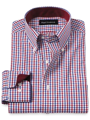 Non-Iron Cotton Gingham Dress Shirt With Contrast Trim - Blue/red