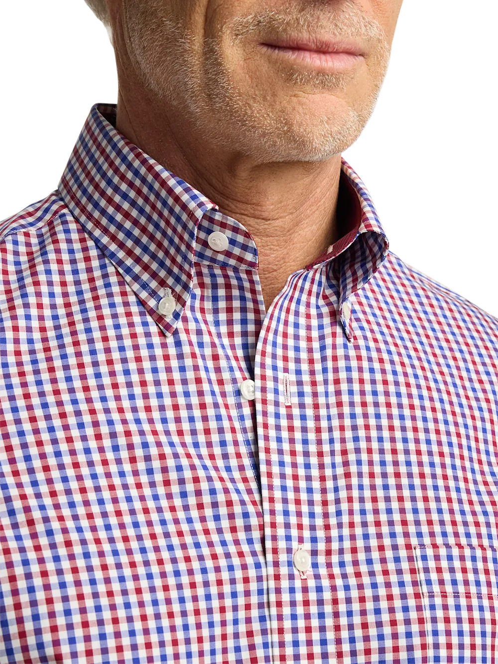 Non-Iron Cotton Gingham Dress Shirt With Contrast Trim - Blue/red