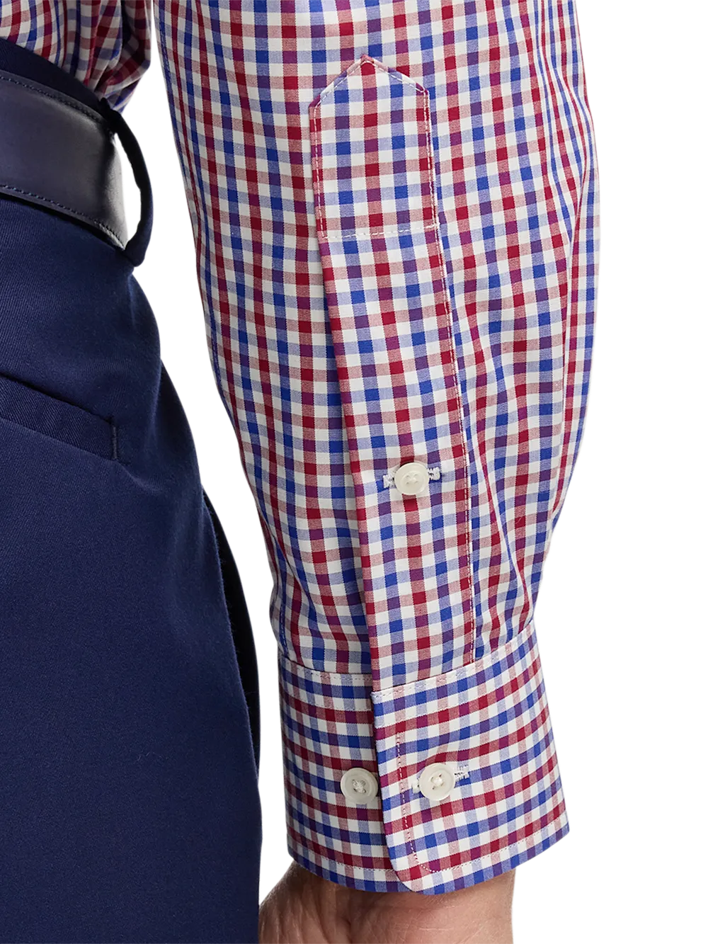 Non-Iron Cotton Gingham Dress Shirt With Contrast Trim - Blue/red